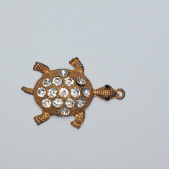 Golden Turtle Pendant, gold color, white rhinestone, shiny crystals details - Picture 5 of 8